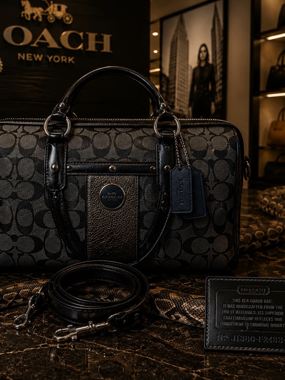 Coach Black Signature Jacquard Python Stripe Satchel - Picture 4 of 4